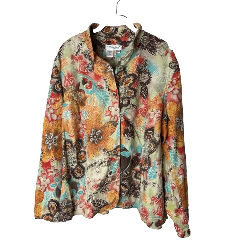 Coldwater Creek Jacket Top Plus Size 1X Linen Blend Floral Long Sleeves Button